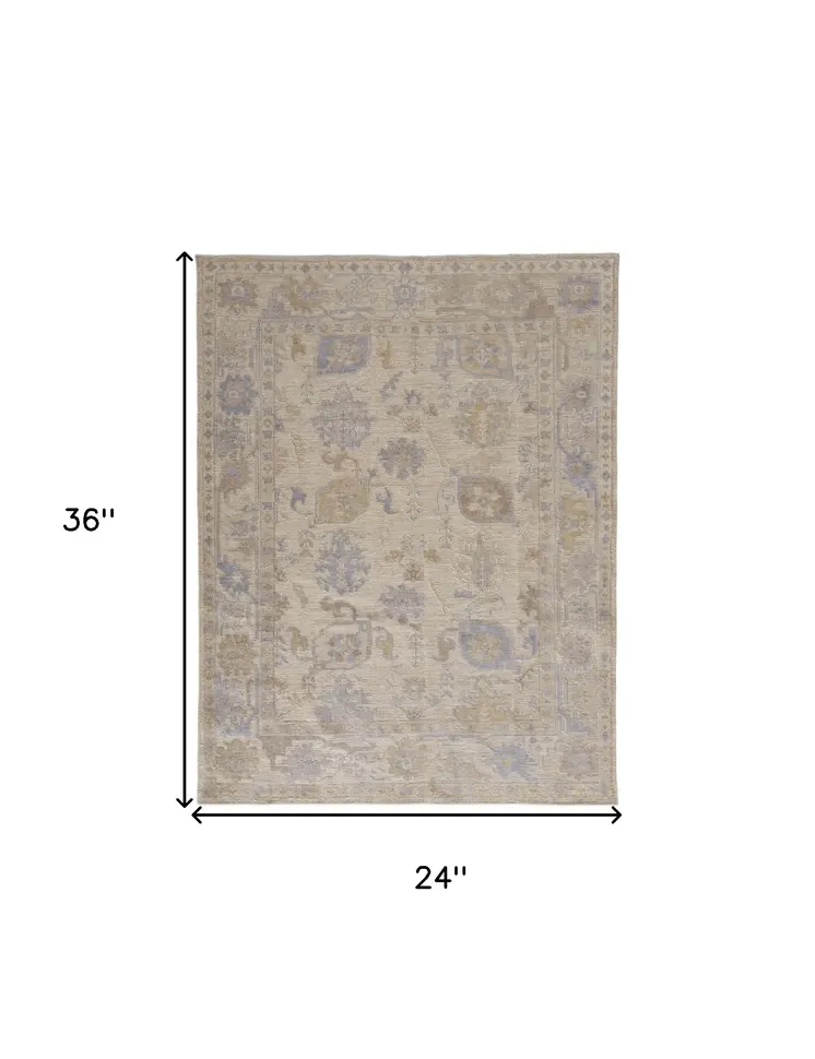 2' X 3' Tan Orange And Blue Floral Hand Knotted Stain Resistant Area Rug