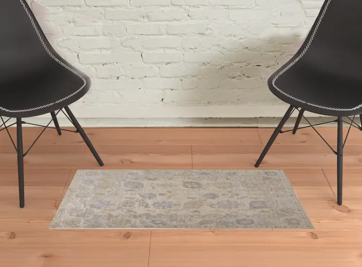 2' X 3' Tan Orange And Blue Floral Hand Knotted Stain Resistant Area Rug
