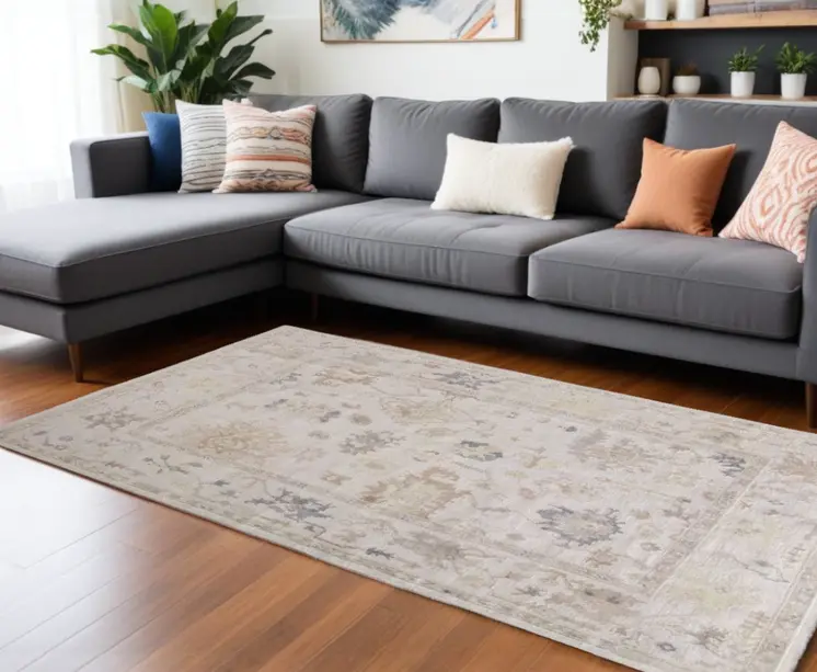 10' X 14' Tan Ivory And Orange Floral Hand Knotted Stain Resistant Area Rug