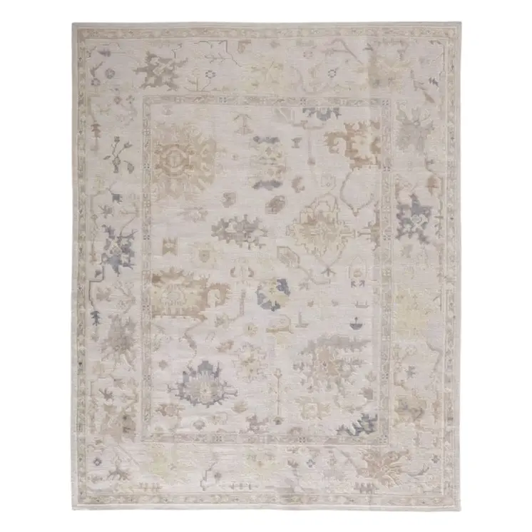 10' X 14' Tan Ivory And Orange Floral Hand Knotted Stain Resistant Area Rug
