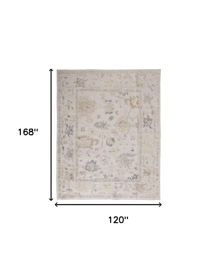 10' X 14' Tan Ivory And Orange Floral Hand Knotted Stain Resistant Area Rug