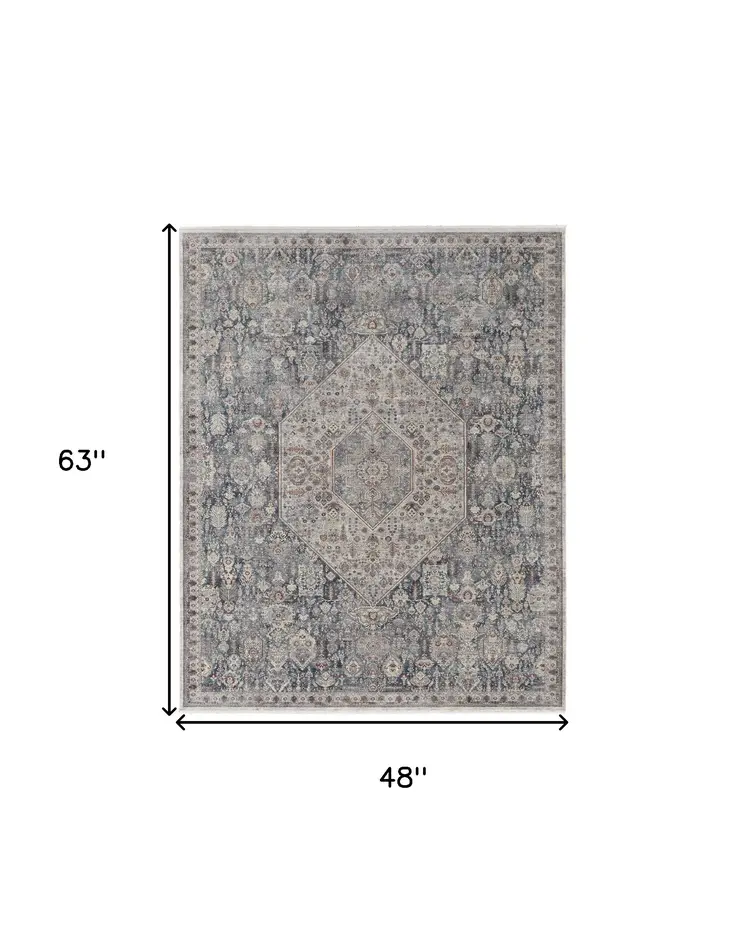 4' X 6' Blue and Ivory Floral Power Loom Area Rug
