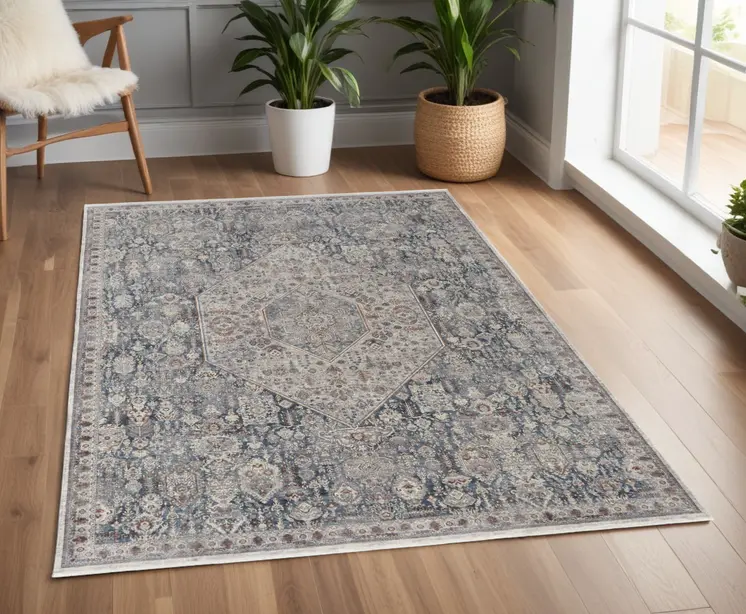 4' X 6' Blue and Ivory Floral Power Loom Area Rug