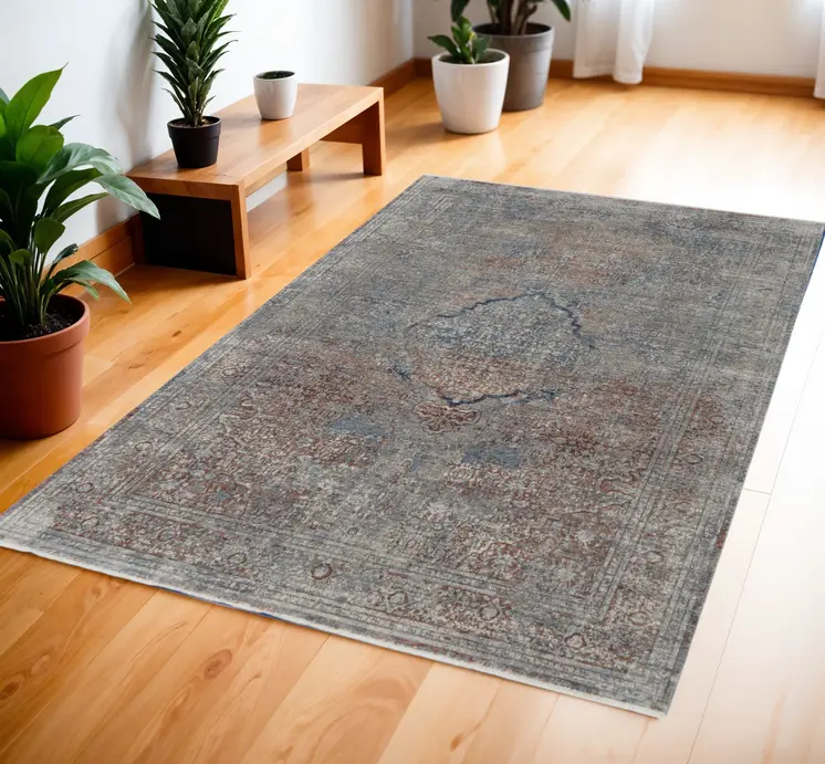 4' X 6' Blue Red And Gray Floral Power Loom Stain Resistant Area Rug