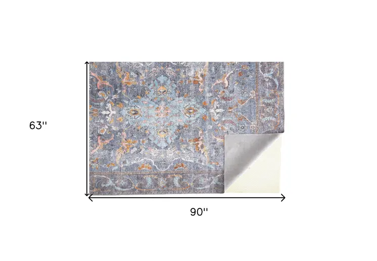 5' X 8' Blue Gray And Orange Floral Area Rug