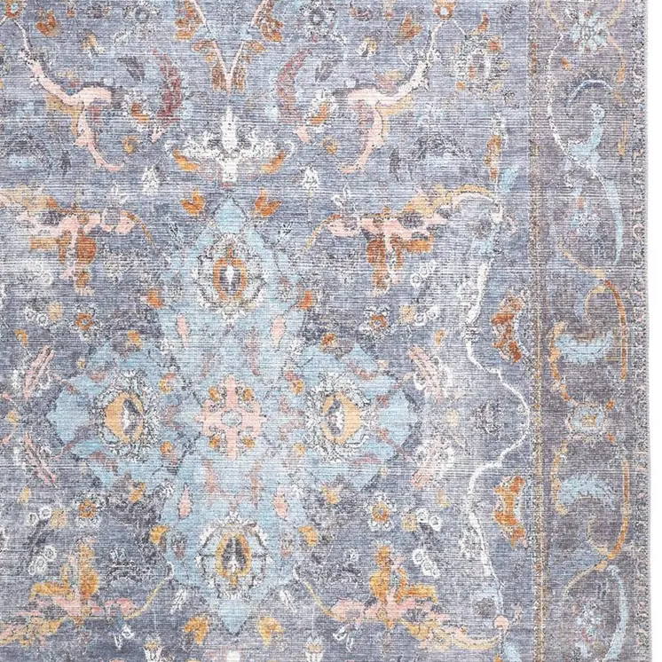 9' X 12' Blue Gray And Orange Floral Area Rug