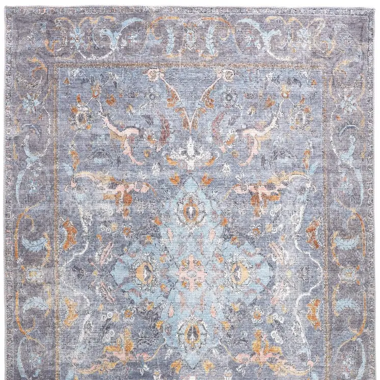 9' X 12' Blue Gray And Orange Floral Area Rug