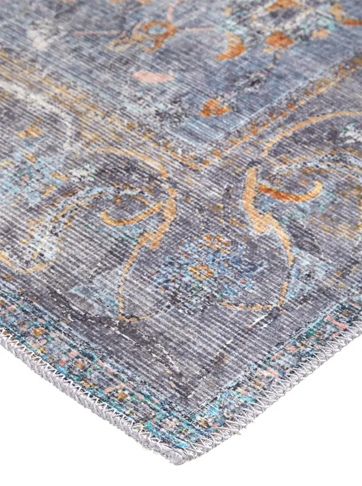 9' X 12' Blue Gray And Orange Floral Area Rug