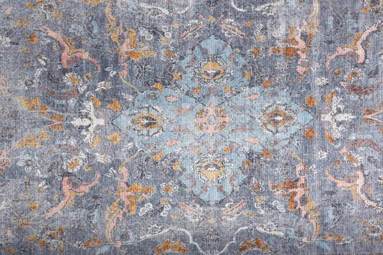 9' X 12' Blue Gray And Orange Floral Area Rug