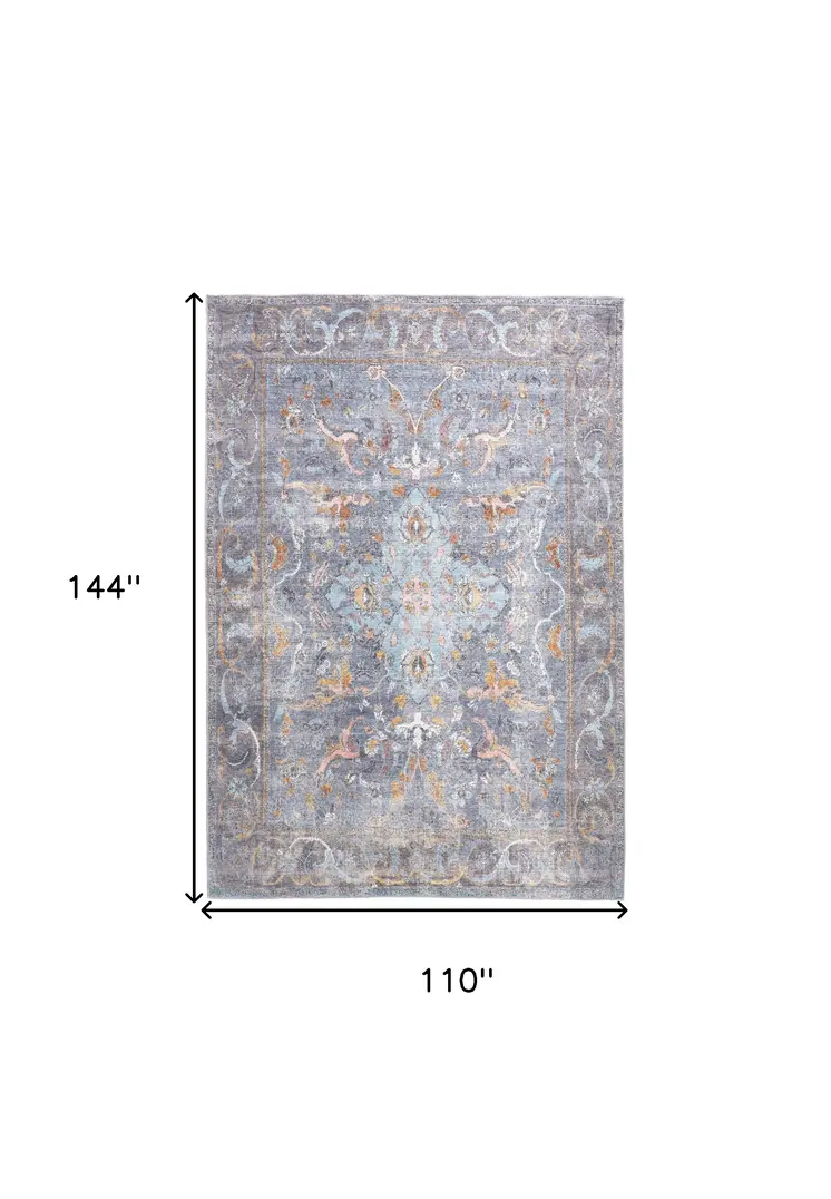 9' X 12' Blue Gray And Orange Floral Area Rug