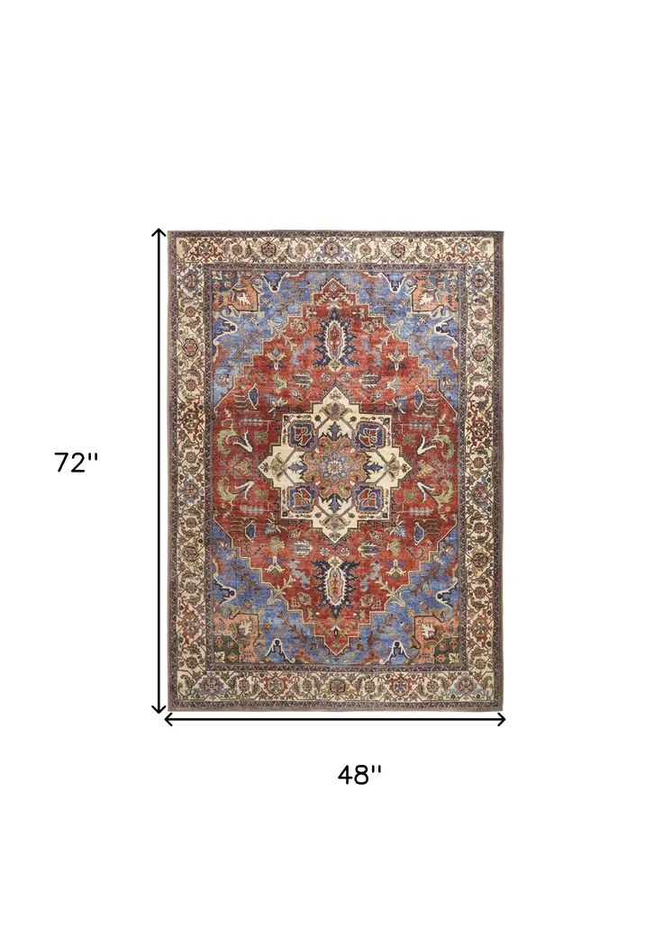 4' X 6' Blue Red And Ivory Floral Area Rug