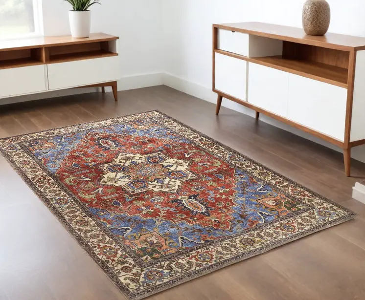 4' X 6' Blue Red And Ivory Floral Area Rug