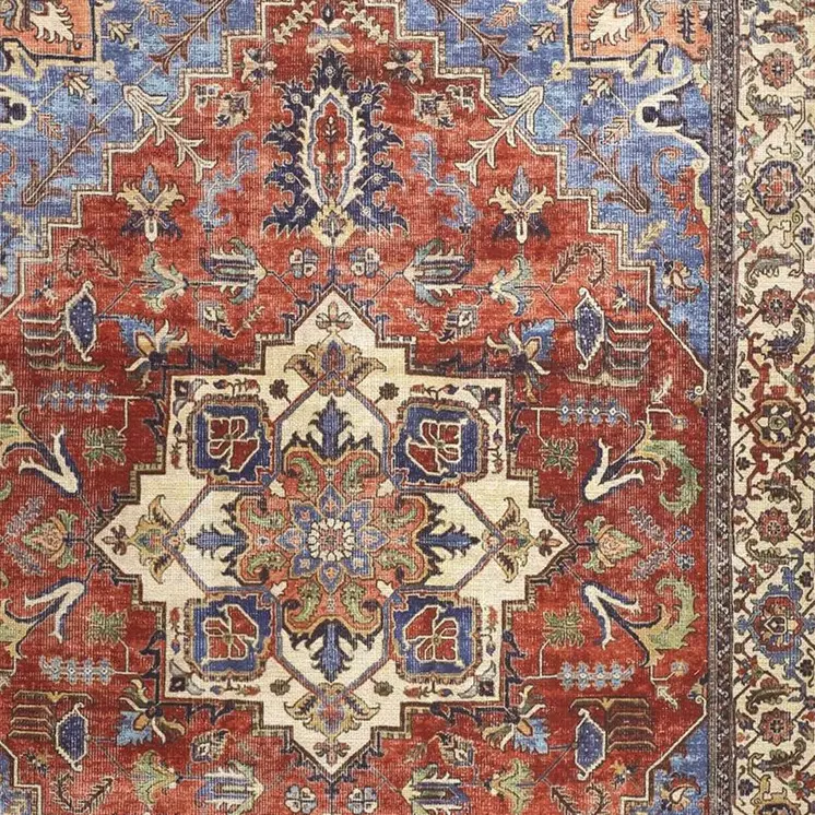 5' X 8' Blue Red And Ivory Floral Area Rug