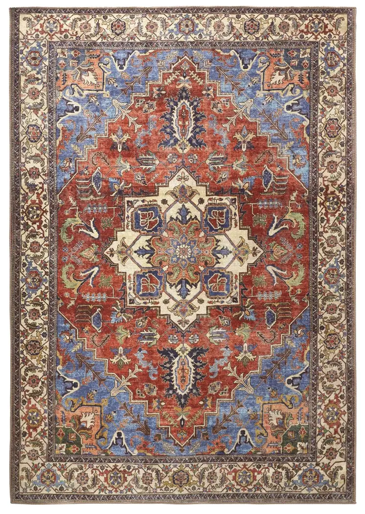 5' X 8' Blue Red And Ivory Floral Area Rug