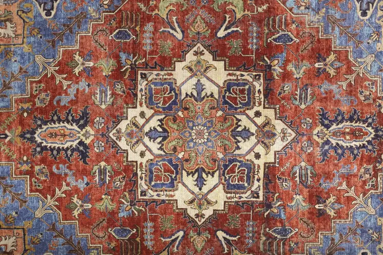 5' X 8' Blue Red And Ivory Floral Area Rug