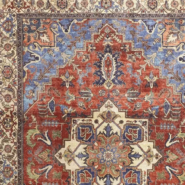 9' X 12' Blue Red And Ivory Floral Area Rug