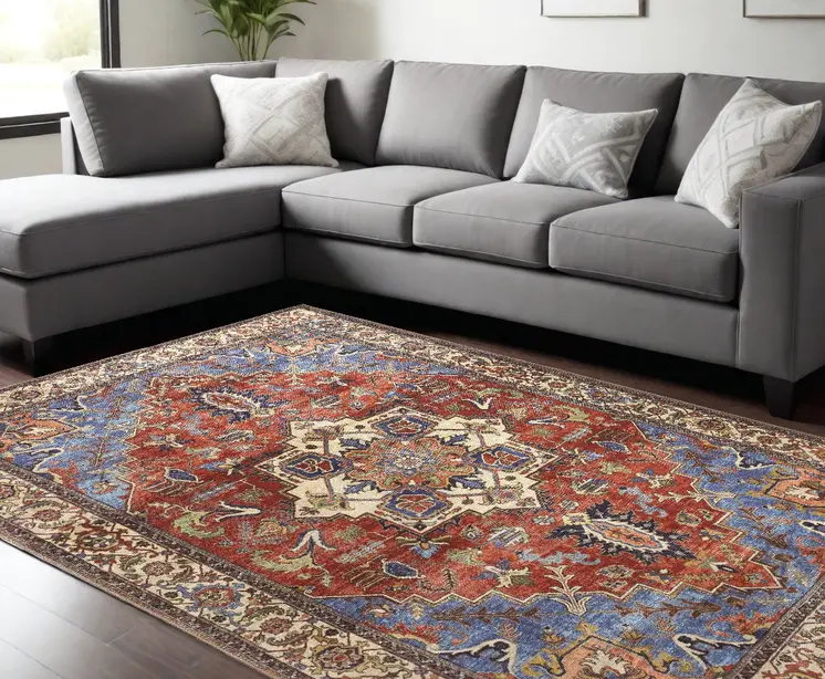 9' X 12' Blue Red And Ivory Floral Area Rug