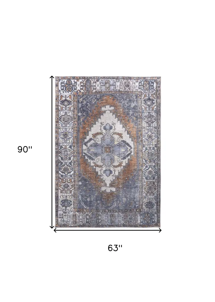 5' X 8' Blue Ivory And Brown Floral Area Rug