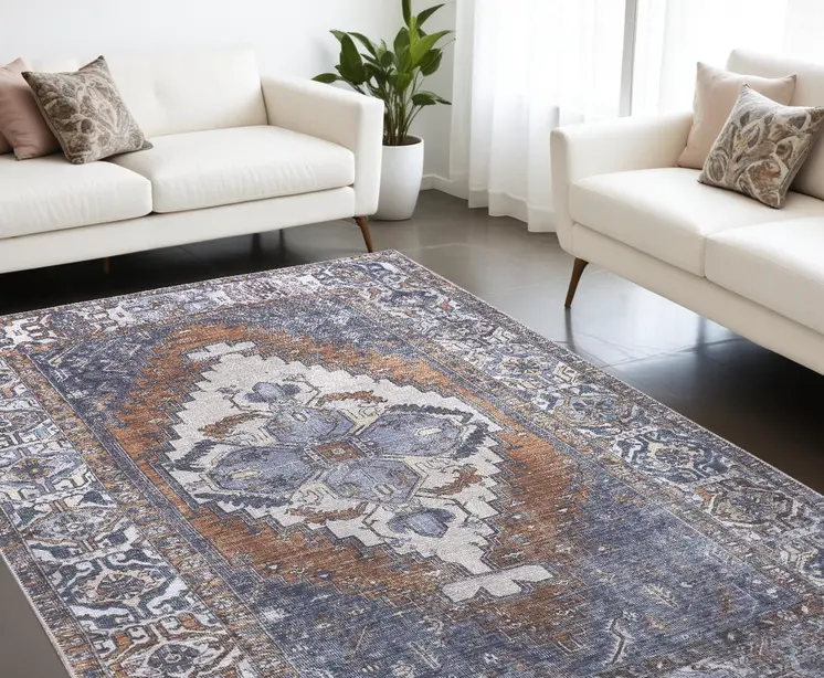 8' X 10' Blue Ivory And Brown Floral Area Rug