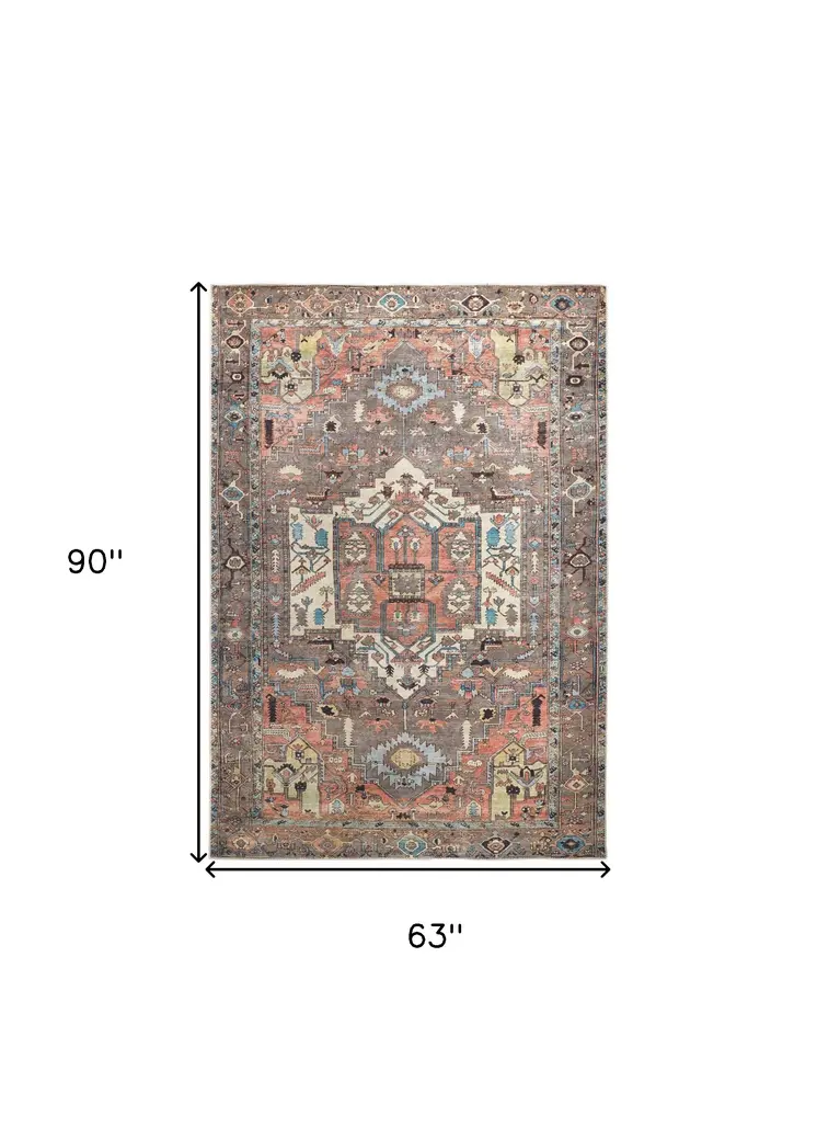 5' X 8' Taupe Red And Brown Floral Area Rug
