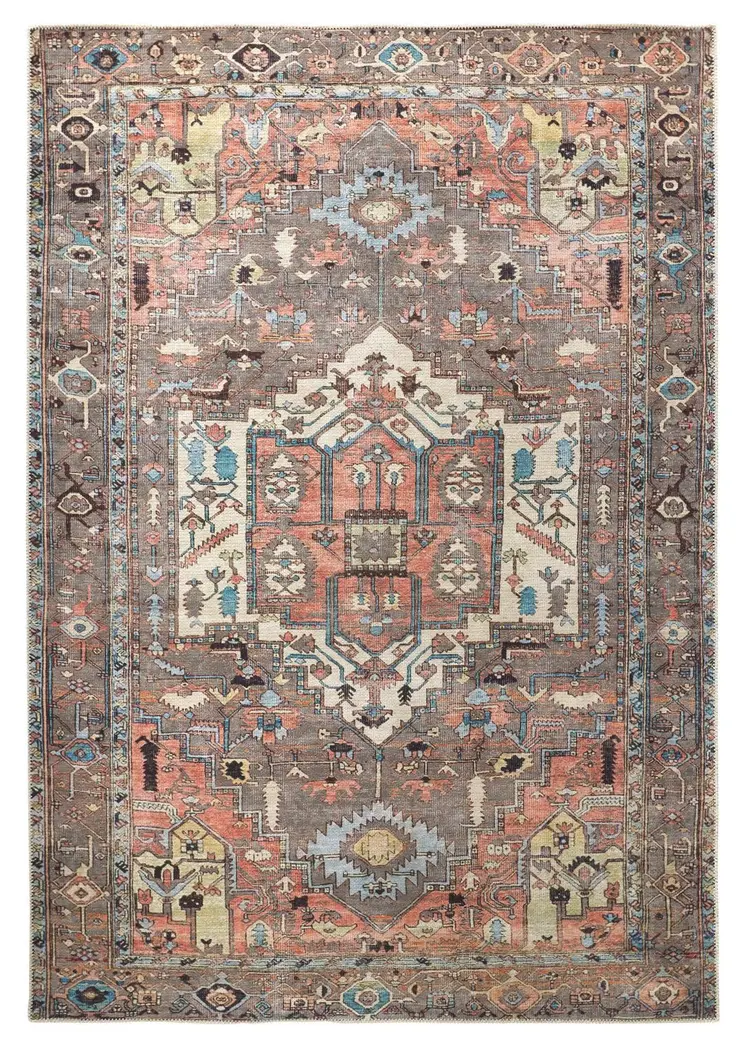 5' X 8' Taupe Red And Brown Floral Area Rug