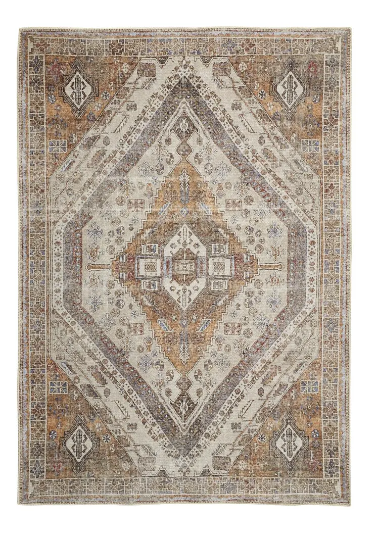 5' X 8' Ivory Blue and Orange Medallion Distressed Washable Area Rug