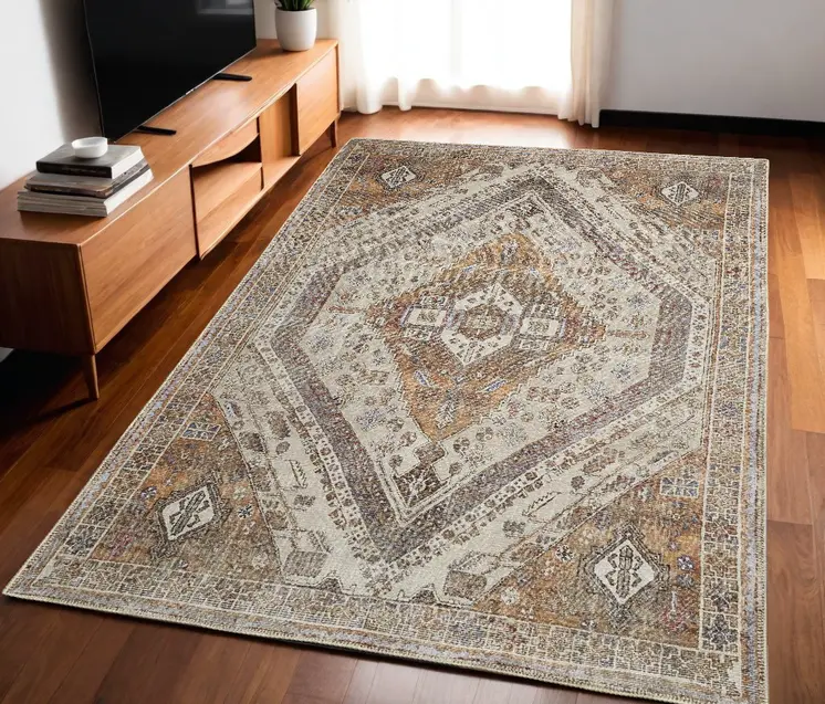 5' X 8' Ivory Blue and Orange Medallion Distressed Washable Area Rug