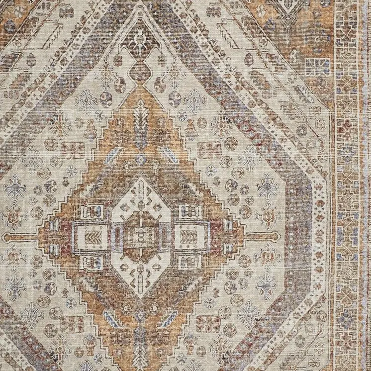 5' X 8' Ivory Blue and Orange Medallion Distressed Washable Area Rug