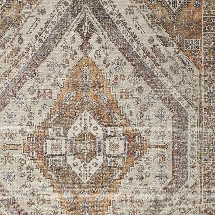 8' X 10' Ivory Blue and Orange Medallion Distressed Washable Area Rug