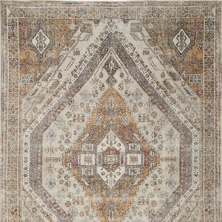 8' X 10' Ivory Blue and Orange Medallion Distressed Washable Area Rug