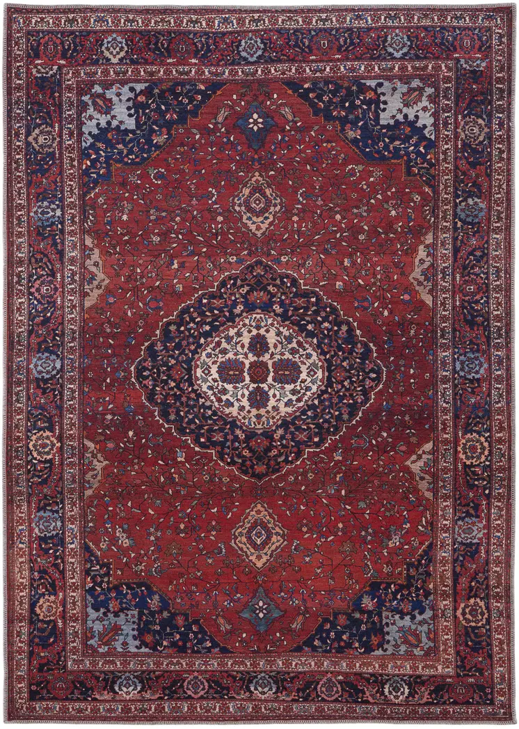 5' X 8' Red Blue And Tan Floral Power Loom Area Rug