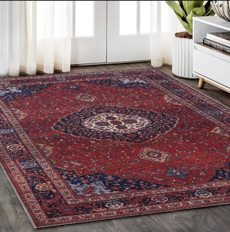 5' X 8' Red Blue And Tan Floral Power Loom Area Rug