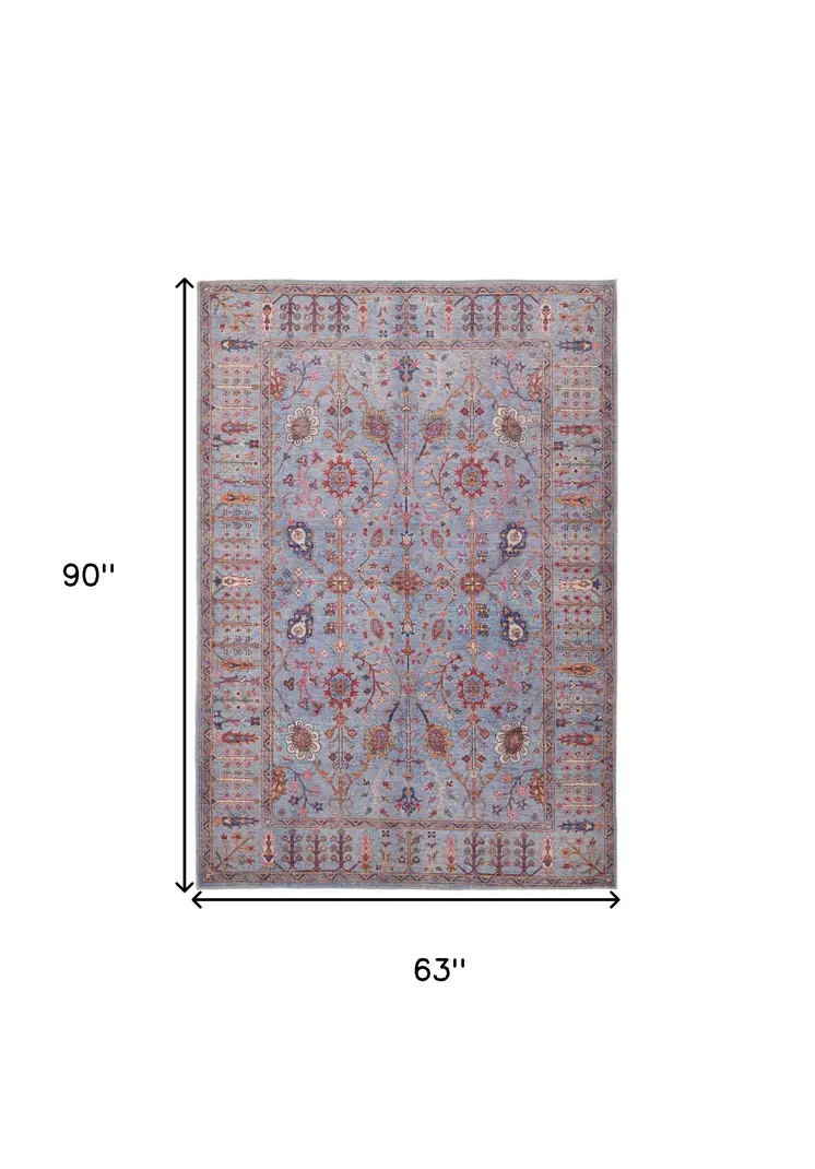 5' X 8' Gray Blue And Red Floral Power Loom Area Rug