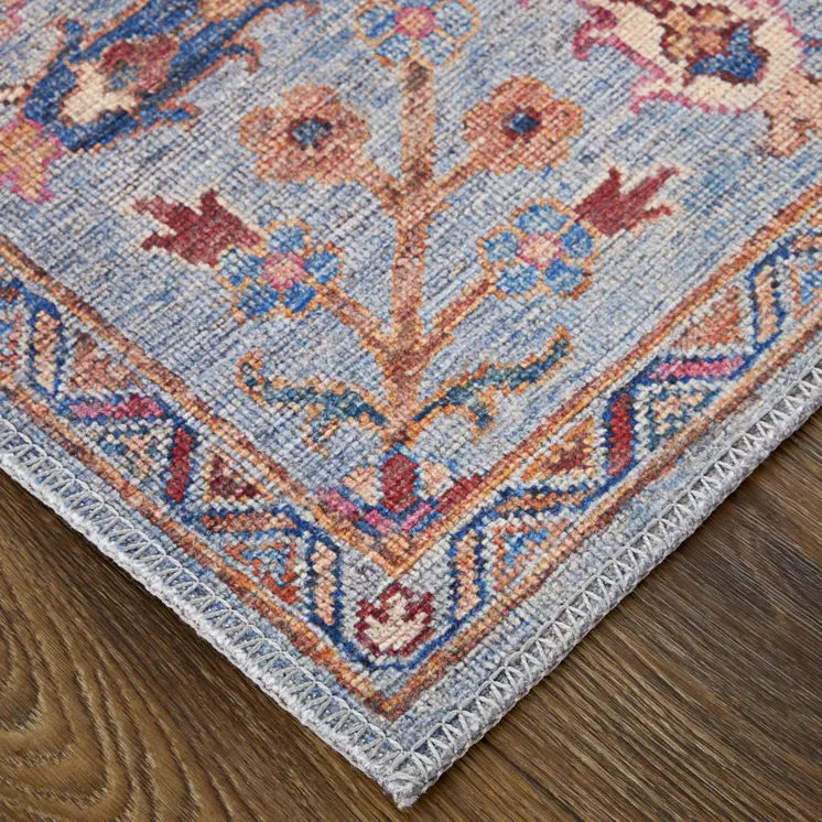 5' X 8' Gray Blue And Red Floral Power Loom Area Rug