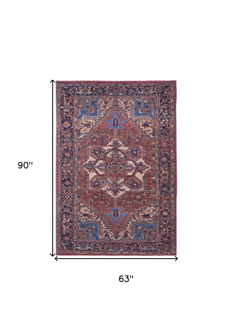 5' X 8' Red Tan And Blue Floral Power Loom Area Rug