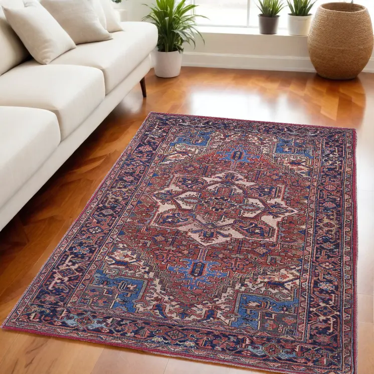 5' X 8' Red Tan And Blue Floral Power Loom Area Rug