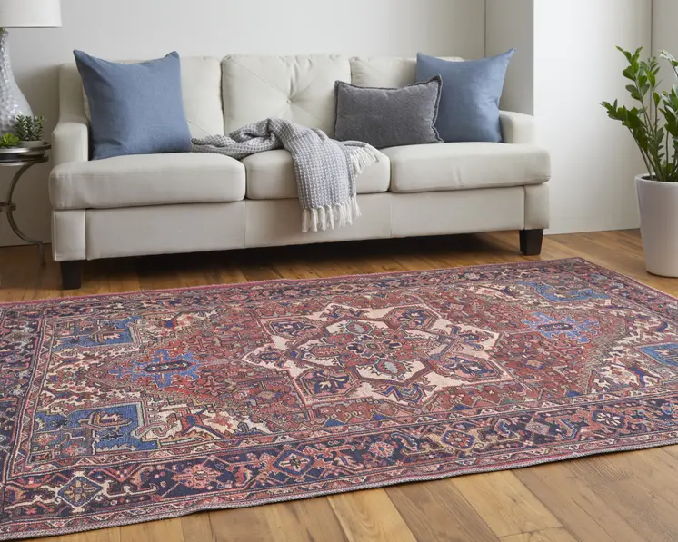 5' X 8' Red Tan And Blue Floral Power Loom Area Rug