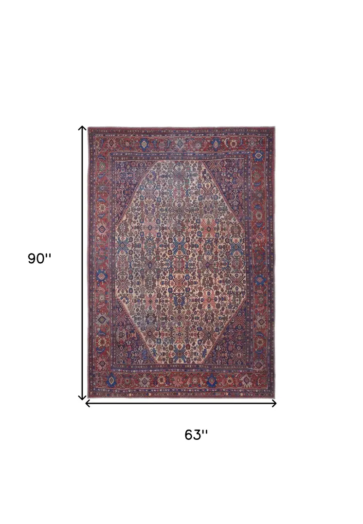 5' X 8' Red Tan And Blue Floral Power Loom Area Rug