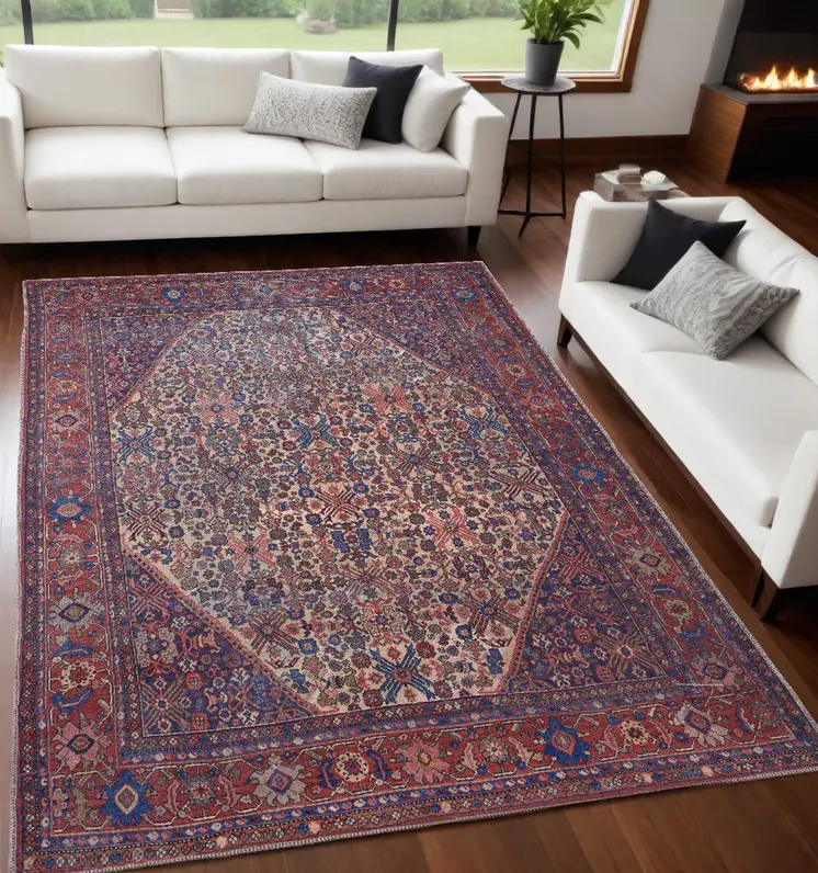 5' X 8' Red Tan And Blue Floral Power Loom Area Rug