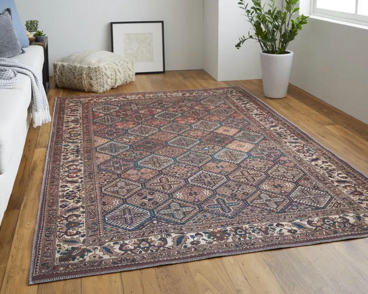 5' X 8' Brown Red And Ivory Floral Power Loom Area Rug