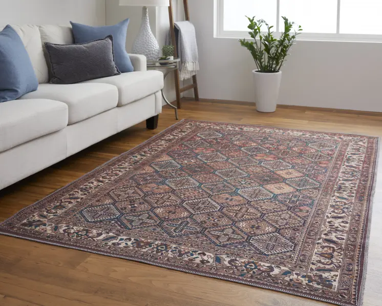 5' X 8' Brown Red And Ivory Floral Power Loom Area Rug
