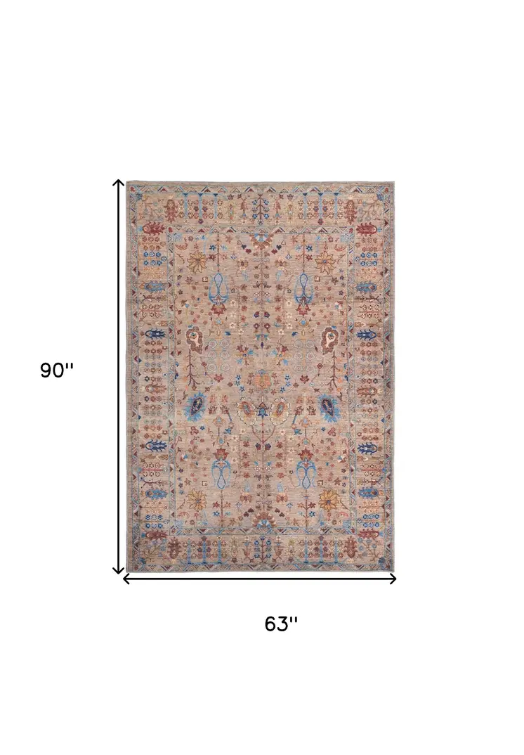 5' X 8' Tan Pink And Blue Floral Power Loom Area Rug