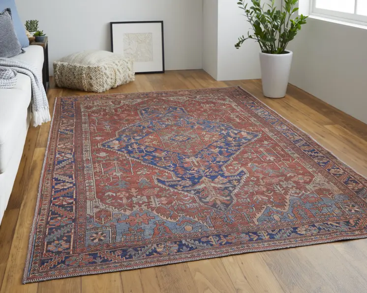 5' X 8' Red Tan And Blue Floral Power Loom Area Rug