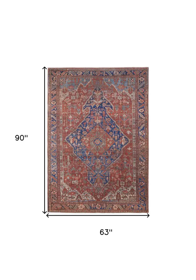 5' X 8' Red Tan And Blue Floral Power Loom Area Rug