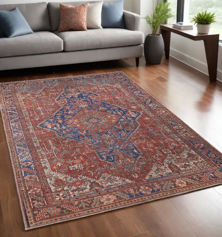 5' X 8' Red Tan And Blue Floral Power Loom Area Rug