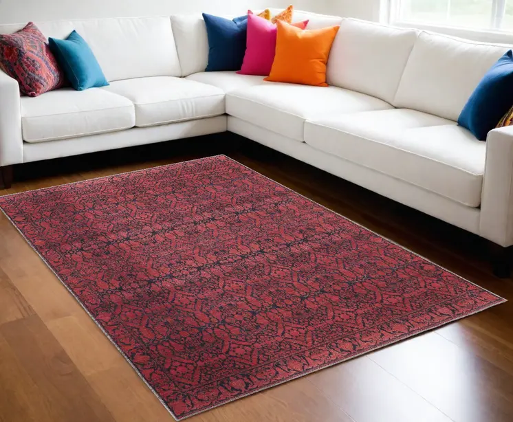 9' X 12' Red And Black Floral Power Loom Area Rug