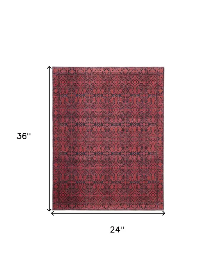 2' X 3' Red And Black Floral Power Loom Area Rug