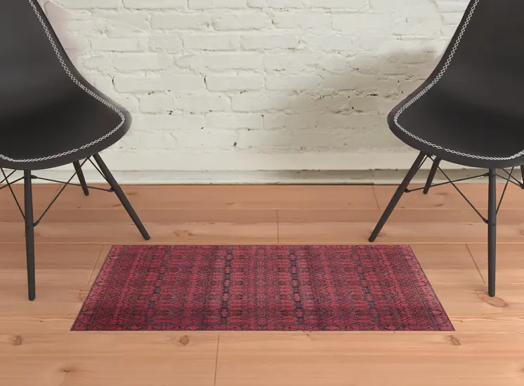 2' X 3' Red And Black Floral Power Loom Area Rug