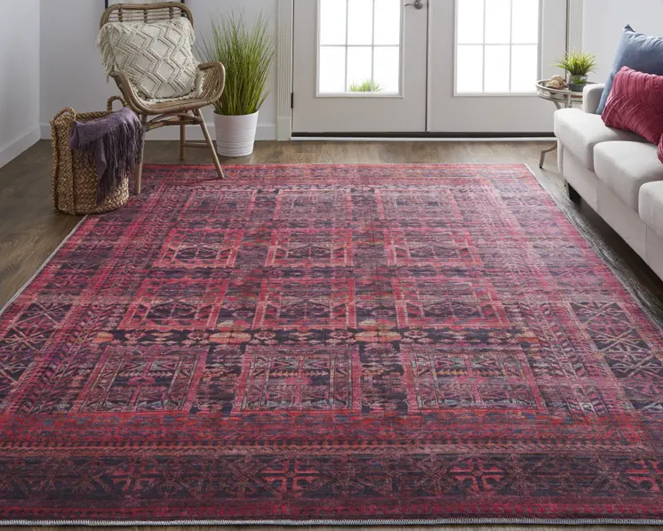 2' X 3' Red And Gray Geometric Power Loom Area Rug