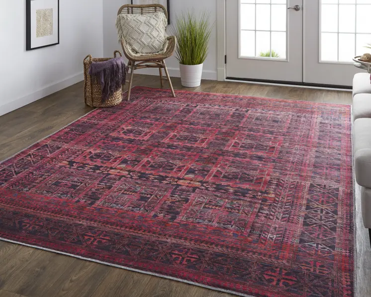 2' X 3' Red And Gray Geometric Power Loom Area Rug